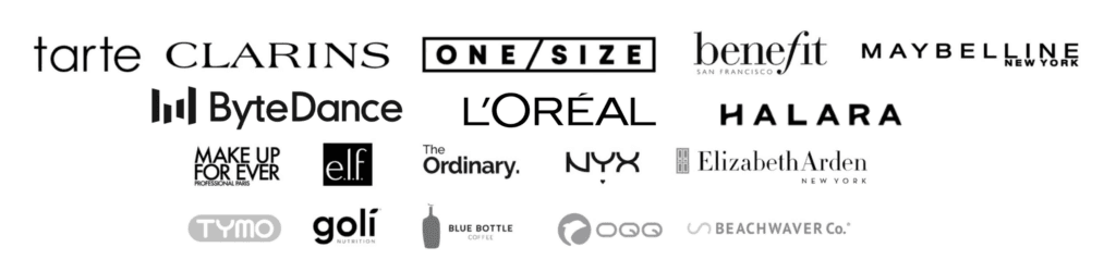 Brand logos including tarte, CLARINS, ONE/SIZE, benefit, MAYBELLINE, ByteDance, L'ORÉAL, HALARA, MAKE UP FOR EVER, e.l.f., The Ordinary, NYX, Elizabeth Arden, TYMO, goli, BLUE BOTTLE, BEACHWAVER Co.